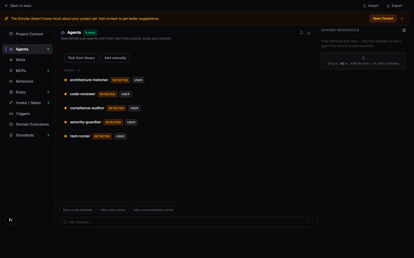 Forge editor showing the Agents bucket with 5 generated agents and DETECTED and FOUNDRY badges