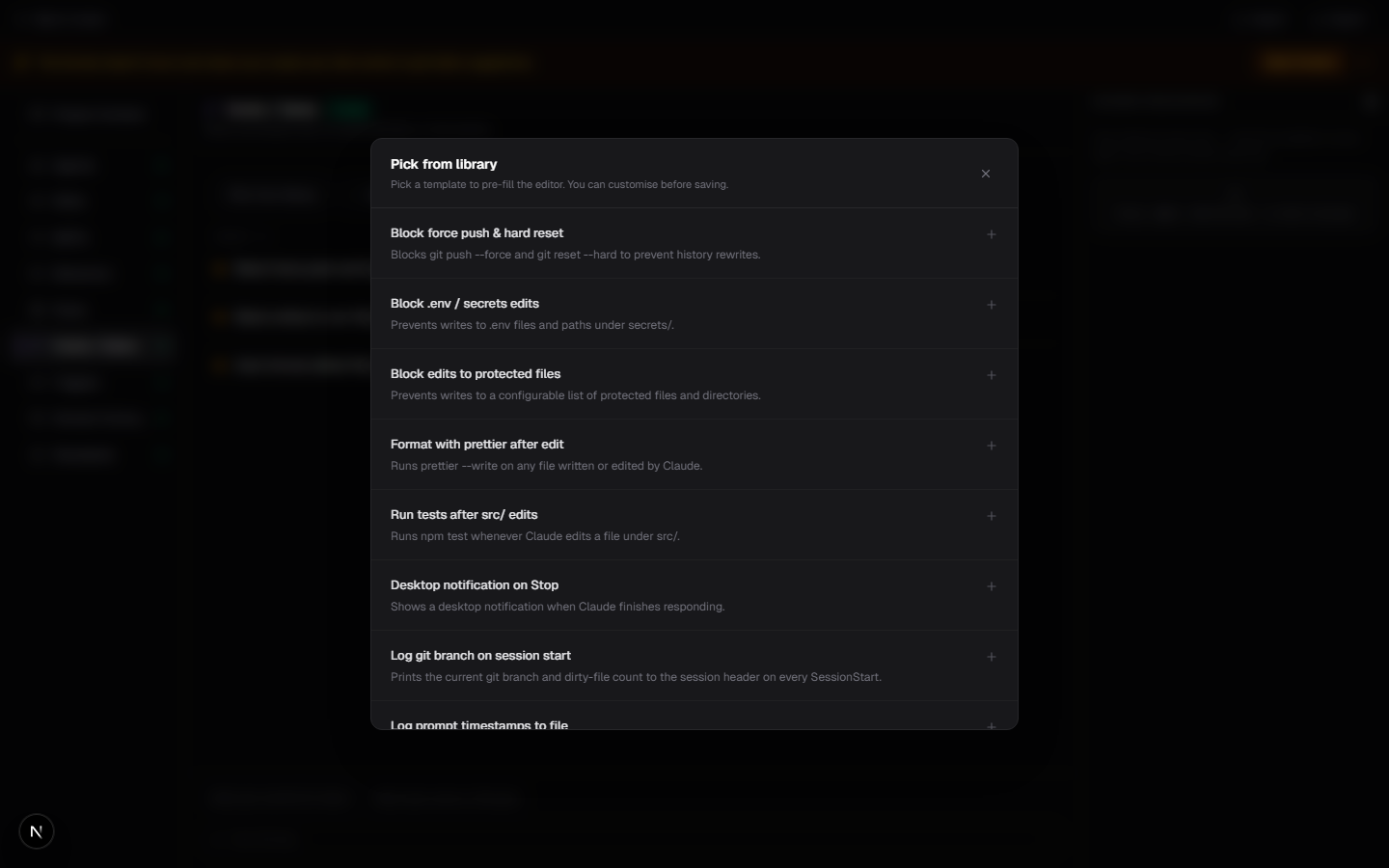 Pick from library modal in the hooks bucket showing nine curated starter templates