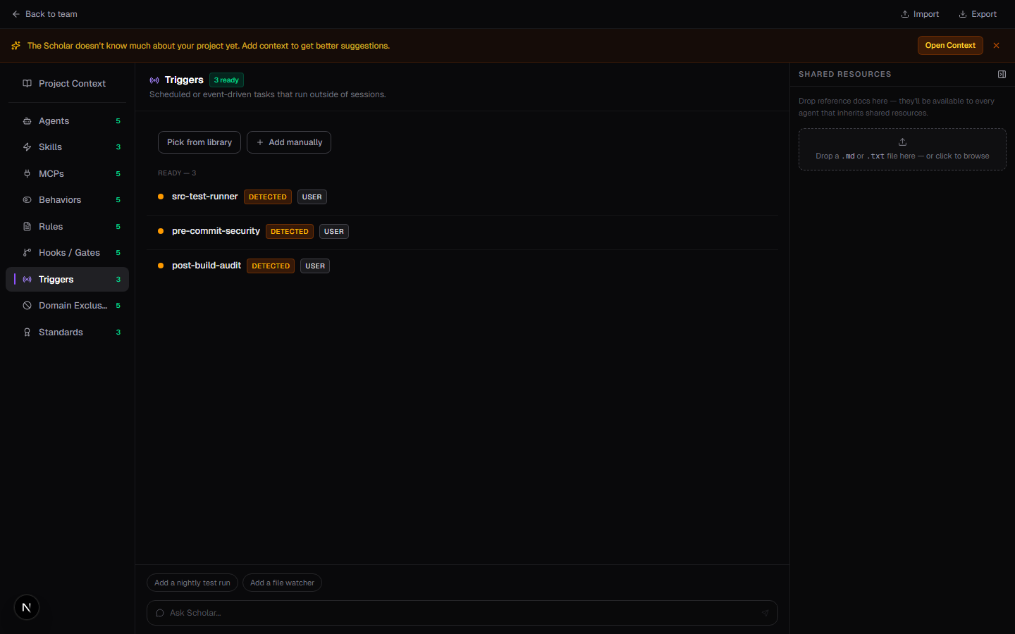 Triggers bucket with 3 triggers: src-test-runner, pre-commit-security, post-build-audit