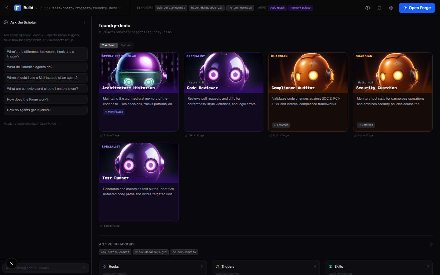 Foundry's team page showing five generated agents with their 2x2 taxonomy robots.